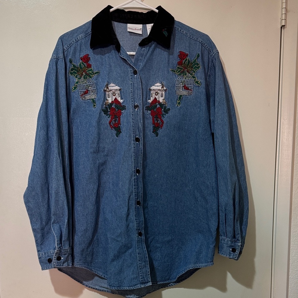 Bobbie Brooks Blue Denim Long sleeve Shirt Black Collar  holiday embroidered